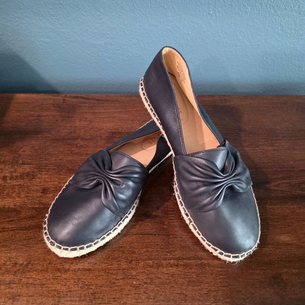 Talbots Izzy Knot Leather Espadrilles Black Bow Slip On Flats Shoes- 8.5 EUC